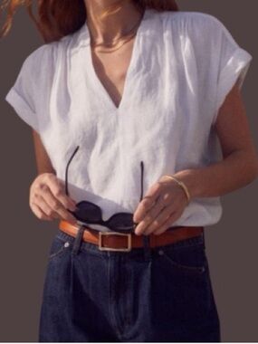 AYR The Daybreak Top in White Irish Line V Neck Popover Blouse Size Large